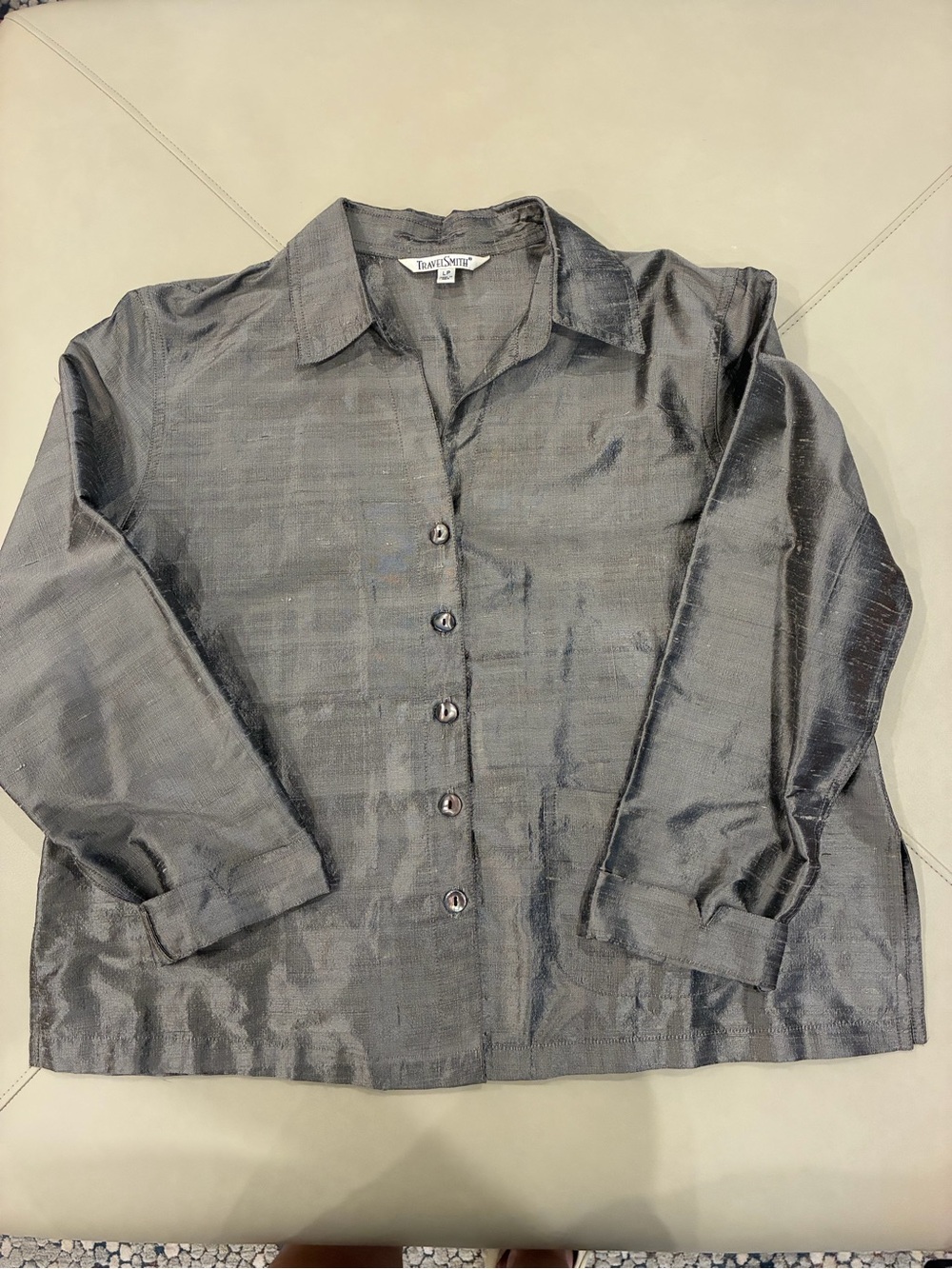 💯 Silk Large Evening Formal top Silver Metallic Gray Button-down Blouse w/collar - Picture 3 of 16